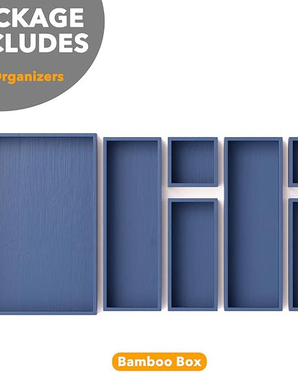 SpaceAid 7-Piece Bamboo Drawer Organizer Storage Boxes Set, Wood Tray Junk Drawer Organizers Multi-Use Divider Bins for Kitchen, Bathroom, Office Desk and Makeup Organization (7 Pack, Navy Blue)