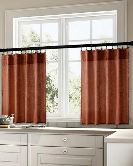MIULEE Burnt Orange Kitchen Curtains 36 Inch Length 2 Panels, Soft Thick Linen Textured Semi Sheer Light Filtering Short Cafe Tier Curtains for Small Half Window Back Tab Rod Pocket Fall Boho Decor