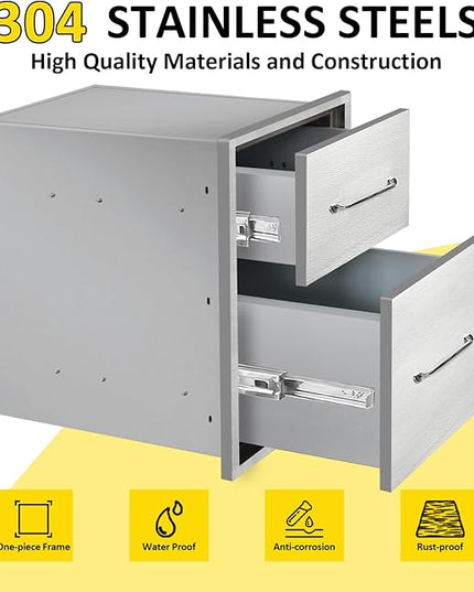 Outdoor Kitchen Drawers 14" W x 21" H x 21" D Flush Mount Double BBQ Drawers with Chrome Handle Stainless Steel Drawer for Outdoor Kitchen Island, Patio Grill Station