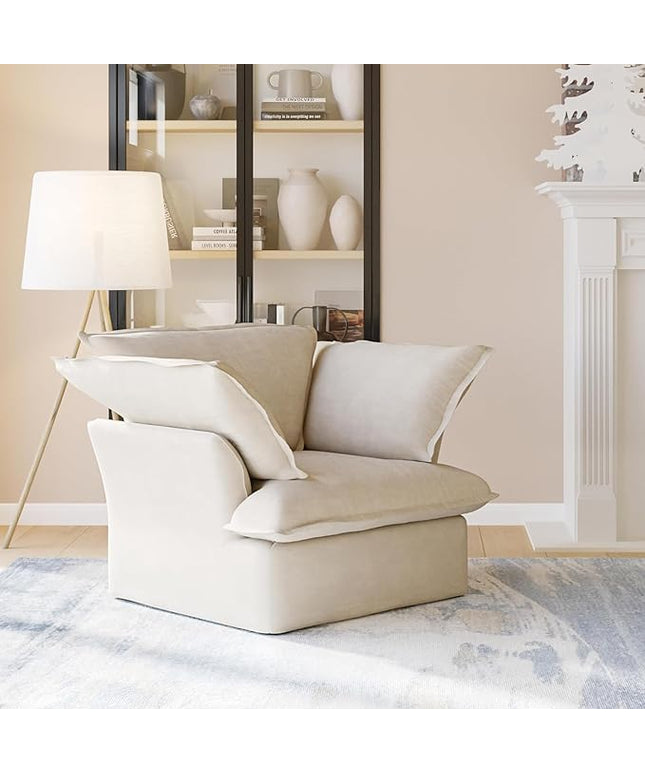 JACH Comfy Couch Chair with Thick Cushion, Single Accent Chair Deep Seat Sofas Couches, Hemp Velvet Sofa Furniture for Small Spaces, Living Room, Bedroom, Office, Apartment, Beige