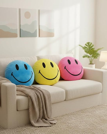 Smiley Face Pillow - Cute Plush for Fun Bedroom Decor - 16" X 16" Soft Cotton Cool Kids' Throw Pillows with Inserts Included - Birthday Gift - Room Decor Aesthetic for Bedroom. (Pink)
