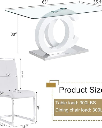 Ebullient Glass Dining Table Set for 4 ，5 Piece Dining Table Set,Tempered Glass Table Top，White Modern Dining Room Table with 4 PU Leather Ergonomic Dining Chairs