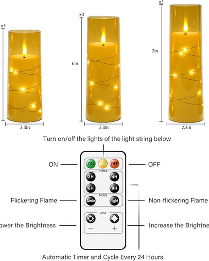 Flickering Flameless LED Candles,Battery Operated Candles 9 Pcs with Embedded Star String,Acrylic LED Pillar Candles with Remote,Suitable for Home Decoration to Create an Atmosphere（Gold）