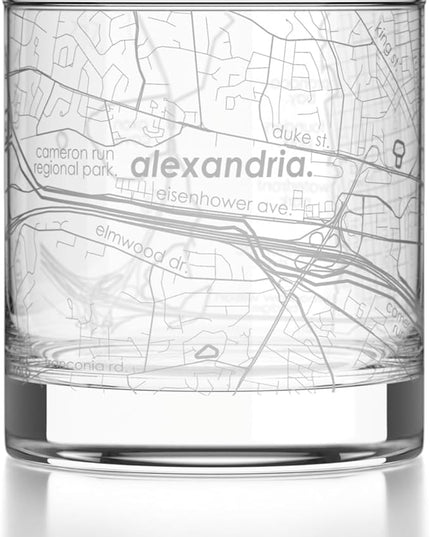 Well Told Engraved Alexandria Virginia Map Rocks Glass, Old Fashioned Glassware (11 oz, Clear) Etched Bourbon Tumbler, Gifts For Whiskey Lovers
