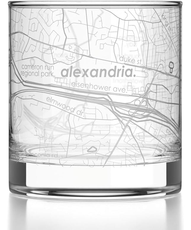 Well Told Engraved Alexandria Virginia Map Rocks Glass, Old Fashioned Glassware (11 oz, Clear) Etched Bourbon Tumbler, Gifts For Whiskey Lovers