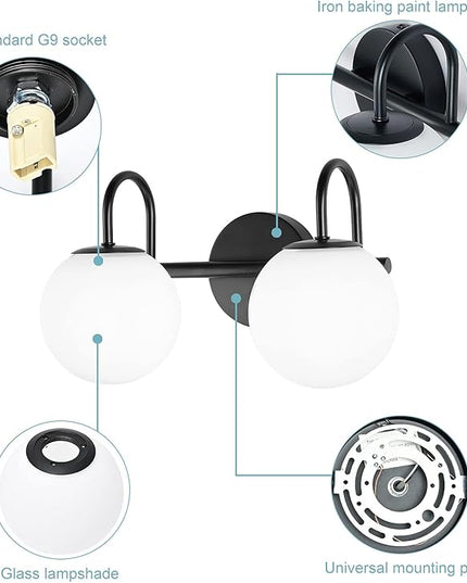 Mid Century Modern Vanity Lights for Bathroom, Black Metal Frame and Milk White Frosted Glass Globe, 2 Lights, Wall Sconce, 7.09"L x 7.09"W x 14.17"H
