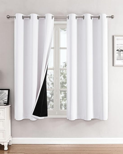 ChrisDowa 100% Blackout Curtains 63 inch Long for Bedroom with Black Liner, 2 Thick Layers Total Blackout Thermal Insulated Grommet Window Curtains 2 Panels Set (Pure White, 38 x 63 Inch)