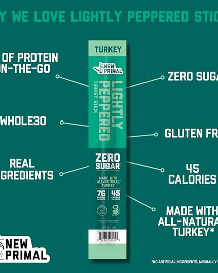 New Primal Lightly Peppered Turkey Sticks, Keto, Gluten Free Healthy Snacks, Sugar Free Low Carb High Protein, Jerky Meat Stick, 7g Protein, 20 Ct