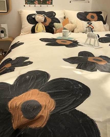 CLOTHKNOW Black Floral Twin/Twin XL Comforter Set Sunflower Bedding Comforter Sets Brown Plaid Comforter Boho Comforter with 2 x Pillowcases
