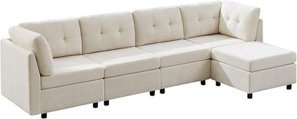VANOMi 118" Modular Sectional Sofa with Ottoman, 4 Seater Cloud Sofas & Couches, Cozy Chenille Sectional Couches for Living Room, Apartment, Office, White, L Shaped