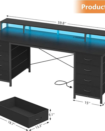 60 Inch Computer Desk with 8 Drawers, Gaming Desk with LED Lights & Power Outlets, Home Office Desk with Monitor Stand, Black