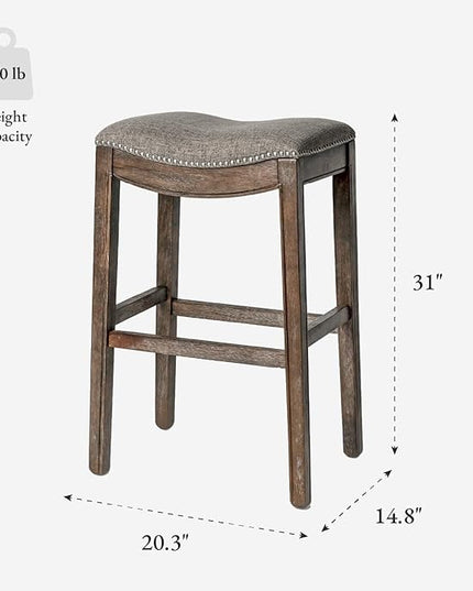 Maven Lane Adrien Backless Bar Stool – 31 Inch Saddle Seat with Footrest – Brown Solid Wood Frame & Grey Fabric Upholstery – Ideal for Bars, Pub Tables & Tall Kitchen Counters