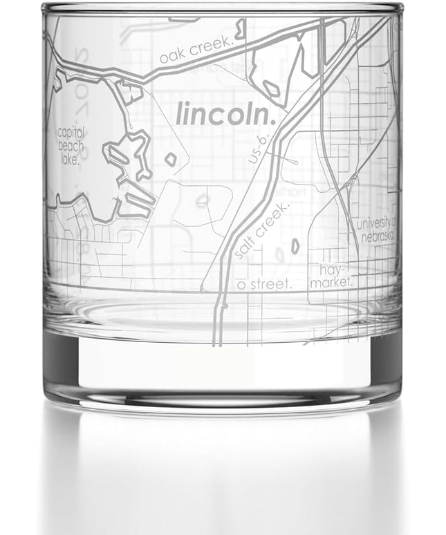 Well Told Engraved Lincoln Nebraska Map Rocks Glass, Old Fashioned Glassware (11 oz, Clear) Etched Bourbon Tumbler, Gifts For Whiskey Lovers