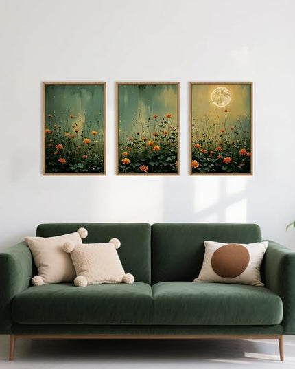 HOURIA Mystical Midnight Wildflower Framed Canvas Wall Art Set,Moonlit Orange Floral Wall Decor,Nature Inspired Landscape Artwork,Watercolor Art Prints for Living Room,Bedroom,Farmhouse-24 x36 x3