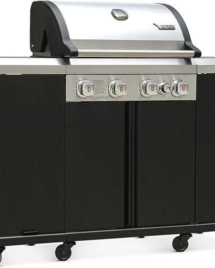 Brand-Man 4-Burner Gas Outdoor Kitchen Grill Island with Side Burner - 44,000 BTU Stainless Steel BBQ Grill Station with Storage Cabinets, Fold-out Prep Table, LPG/NG Convertible, Black