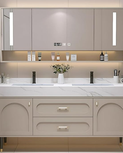 60IN Floor Standing Vanity Bathroom Double Sink - Double Sink Bathroom Vanities, Bathroom Wall Mirror Includes Smart Defogging & LED Lights | Splash Guard, Exquisite Handles (Beige)