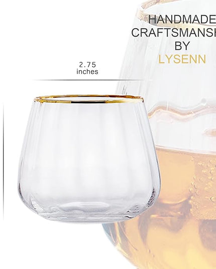 Lysenn Stemless Wine Glasses Set of 4 - Premium Hand Blown Drinking Glasses for White and Red Wine - Elegant Wide Vertical Stripe and Gold Rim Design - Clear 11.8oz