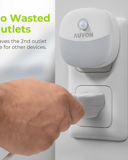 AUVON Plug in Night Light with Motion Sensor and Dusk to Dawn Sensor, Mini Warm White LED Nightlight with 1-50 lm Adjustable Brightness for Bathroom, Hallway, Stairs, Bedroom, Kitchen, 4 Packs