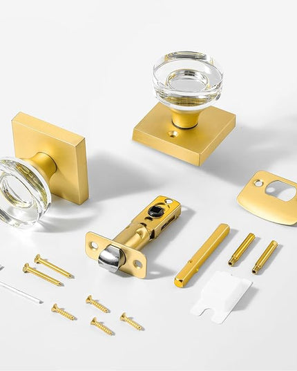 Passage Crystal Door Knobs Interior Glass Door Knob for Closet and Hallway, Brushed Gold Square Door Knobs, Modern Satin Brass Door Handles