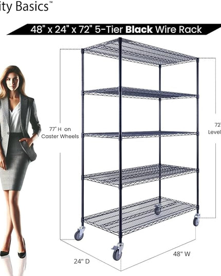 NSF Commercial 5-Tier Wire Shelving with Wheels, 48"x24"x72" Heavy Duty Metal Shelves 4000 lbs Max Capacity, Black Storage Rack for Garage Kitchen Pantry Warehouse