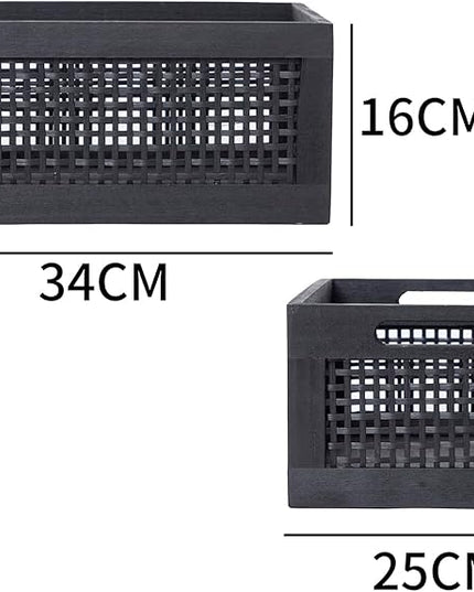 Wooden Storage Baskets,Black Woven Bamboo Basket Nesting Boxes with Built-in Handle for Pantry, Kitchen,Living Room,Shelves,Set of 2