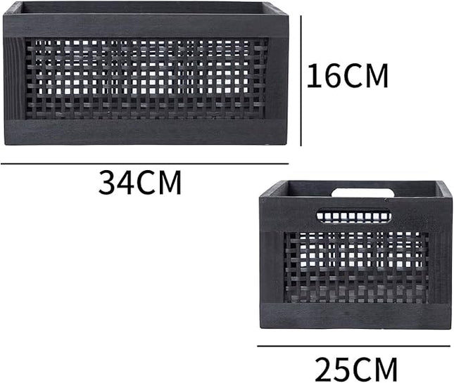 Wooden Storage Baskets,Black Woven Bamboo Basket Nesting Boxes with Built-in Handle for Pantry, Kitchen,Living Room,Shelves,Set of 2