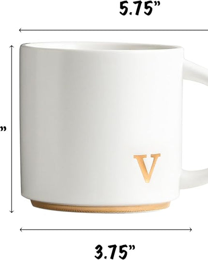 COLLECTIVE HOME - Monogram Ceramic Mugs, 15 oz Golden Initial Coffee Cups, Elegant Alphabet Tea Mugs, Elegant Personalized Mug with Gift Box, Luxurious Cups for Office and Home (v)