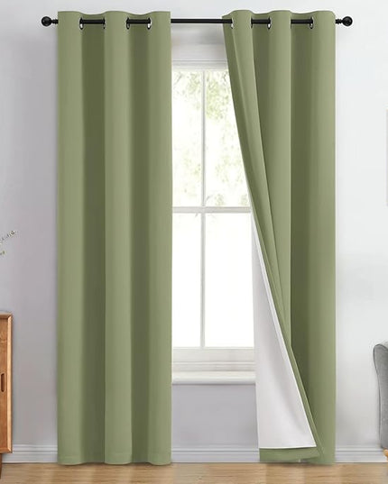 Yakamok 100% Blackout Curtain Panels 96 inches Cold and Light Blocking Drapes for Nursery, 2 Thick Layers Thermal Insulated Draperies (2 Pieces, 40 Wide Each Panel, Sage Front with White Backing)