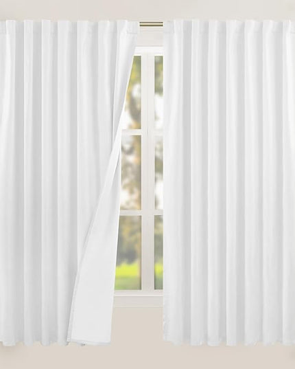LAMIT Extra Wide 100% White Blackout Linen Curtains 63 Inch Length, Linen Textured Thermal Bedroom Curtains Back Tab and Rod Pocket Neutral Panels with White Liner, 2 Panels, 60 x 63 Inch