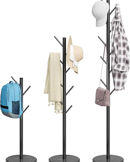ELYKEN Coat Rack Freestanding with Natural Marble Base, Metal Coat Rack Stand with 10 Hooks, 3 Adjustable Size Coat Tree for Bags, Clothes, and Hats for Entryway, Bedroom, Hallway, Office, Black