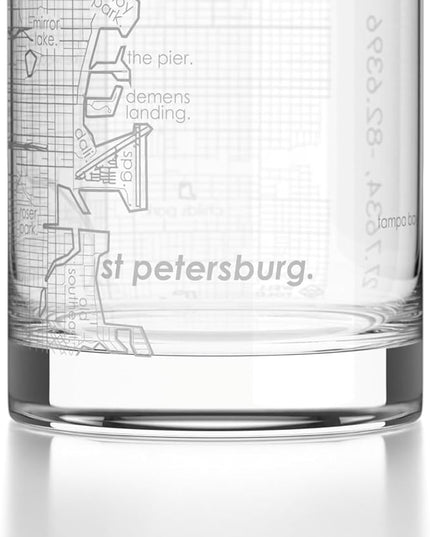 Well Told Engraved St. Petersburg Florida Map Rocks Glass, Old Fashioned Glassware (11 oz, Clear) Etched Bourbon Tumbler, Gifts For Whiskey Lovers