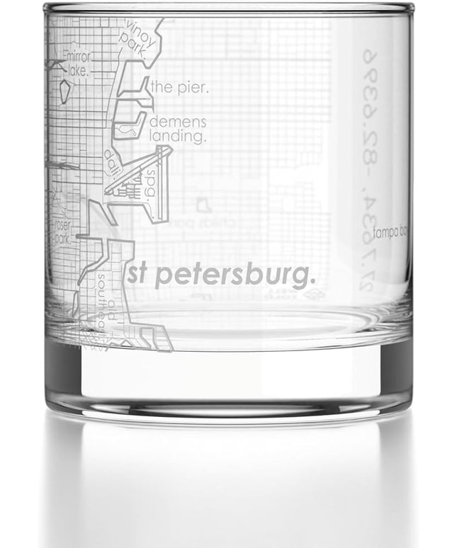 Well Told Engraved St. Petersburg Florida Map Rocks Glass, Old Fashioned Glassware (11 oz, Clear) Etched Bourbon Tumbler, Gifts For Whiskey Lovers