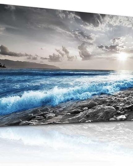 hyidecorart Wall Decor For Living Room Framed Canvas Wall Art For Office Bedroom Decorations Blue Ocean Wall Painting Black and White Beach Pictures Artwork Modern Mural Home Walls Decor