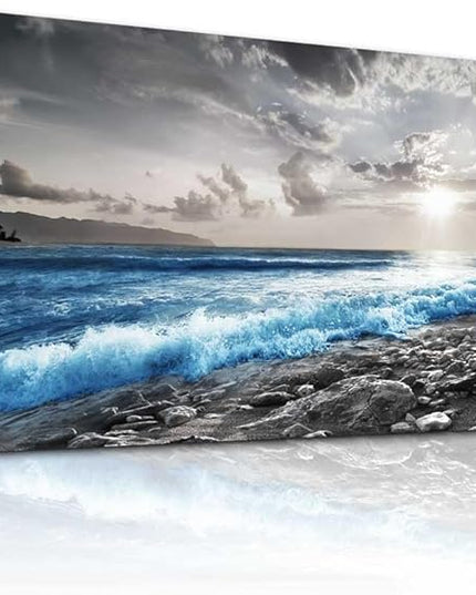 Hyidecorart Framed Canvas Wall Art - Large Size Decor for Office, Living Room, Bedroom - Blue Ocean, Black & White Modern Pictures