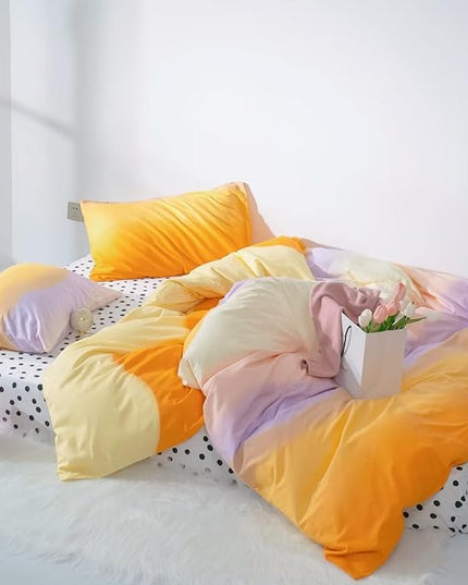 CLOTHKNOW Orange Yellow Queen Comforter Set 3Pcs Purple Beige Bedding Comforter Sets Abstract Queen Comforter with 2 x Pillow Cases