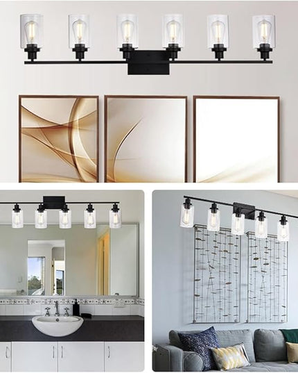 MELUCEE Black Vanity Light Fixture 6-Light Industrial Metal Wall Sconce Bathroom Lighting for Bedroom Hallway Kitchen, Clear Glass Shade Included (Patent No.: US D963914 S)