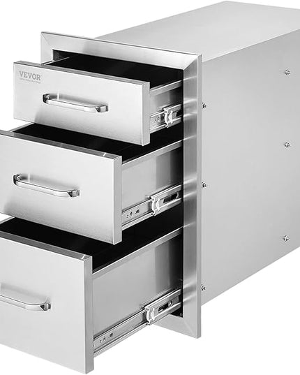 VEVOR 14x20.3 Inch Outdoor Kitchen Drawers Stainless Steel, Flush Mount Triple Drawer, 14W x 20.3H x 23D Inch, with Stainless Steel Handle, BBQ Drawers for Outdoor Kitchens or BBQ Island