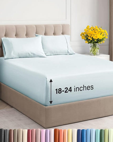 Extra Deep Twin XL Sheet Set - 4 Piece Breathable & Cooling Sheets - Hotel Luxury Bed Sheets Set - Easy & Secure Fit - Soft, Wrinkle Free & Comfy Sheets Set - Ice Blue Sheet Set w/Extra Deep Pockets