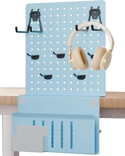Desk Side Storage with Clamp-On Desk Pegboard, Steel Privacy Panel, No-Drill Desk Organizer with Pen Holder, Table-Side Laptop Holder for Office and Home (Blue)