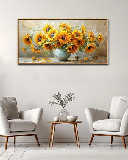 PHAOHUAXM Large Canvas Wall Decor For Living Room Wall Art Vintage Printing Yellow Flower Paintings Dining Room Bedroom Bathroom Kitchen Wall Painting Home Decor Wood Frame Ready To Hang 24x48 In