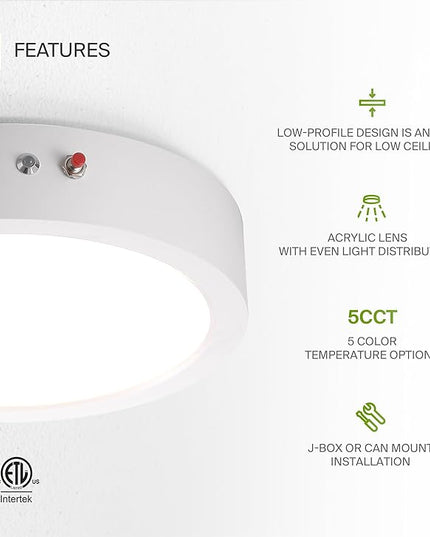 ASD LED 9" Round Flush Mount Ceiling Light Fixture, Low Profile Surface Lighting | 5CCT, Dimmable, Battery Backup, ETL Listed | 18W 1600LM 2700-6000K 120V | Kitchen, Bedroom, Hallway Lamp | White