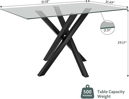 51.18 Inch Glass Dining Table, Rectangular Kitchen Glass Table for 4 People, Modern Dining Room Table for Dinner Kitchen Dining Room(Black)