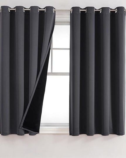 ChrisDowa 100% Blackout Curtains for Bedroom with Black Liner, 2 Thick Layers Total Blackout Thermal Insulated Grommet Small Window Curtains 45 Inch Length 2 Panels Set (Dark Grey, 52 x 45 Inch)