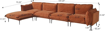 WJShome 147" Modern L-Shaped Couch for Living Room,Velvet Modular Sectional Sofa with Chaise,4-Seater Sofa with 1 Ottomans with Removable Cushions and 8" High Metal Legs, Easy to Clean, Terracotta