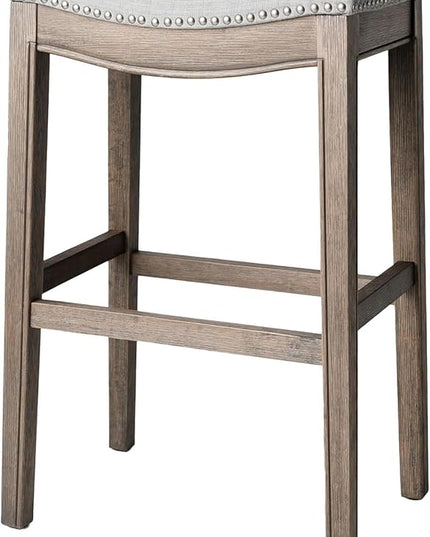 Maven Lane Adrien Backless Bar Stool – 31 Inch Saddle Seat with Footrest – Grey Solid Wood Frame & Grey Fabric Upholstery – Ideal for Bars, Pub Tables & Tall Kitchen Counters