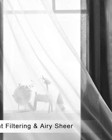 Hiasan Black Blackout Curtains with Sheer Overlay, Grommet Thermal Insulated Mix & Match Double Layer Window Curtains for Bedroom, Living Room, 2 Drape Panels Sewn with Tiebacks, 60W X 84L