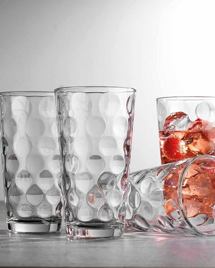 Home Essentials & Beyond Drinking Glasses Set of 4 Highball Glass Cups Bar Glasses, Uses for Juice, Water, Cocktails, Beverages, and Iced Tea. Dishwasher Safe