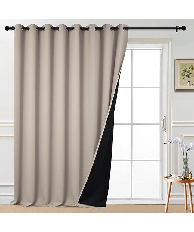 Yakamok Extra Wide 100% Blackout Curtains for Patio Door, Thermal Backing Sliding Glass Door Drape, Privacy Assured Window Treatment for Sliding Door Curtains, Natural, W100 x L108, 1 Panel