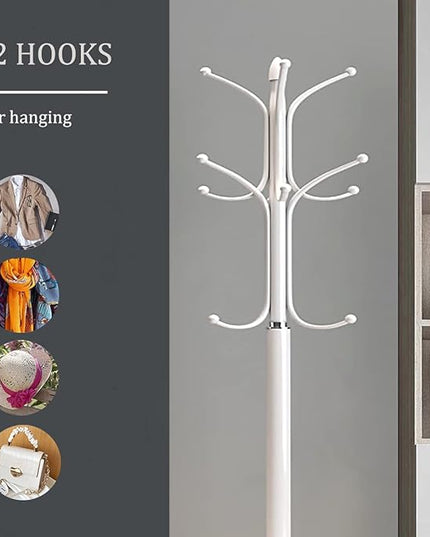 Kertnic Metal Coat Rack Stand with Natural Marble Base, Free Standing Hall Tree with 12 Hooks for Hanging Scarf, Bag, Jacket, Home Entry-way Hat Hanger Organizer (White)