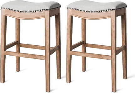Maven Lane Adrien Backless Bar Stool – Set of 2 – 31 Inch Saddle Seat with Footrest – Brown Solid Wood Frame & Natural Fabric Upholstery – Ideal for Bars, Pub Tables & Tall Kitchen Counters